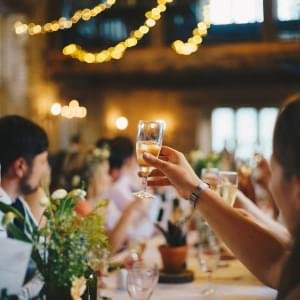 A glass raised in a toast at a gathering.