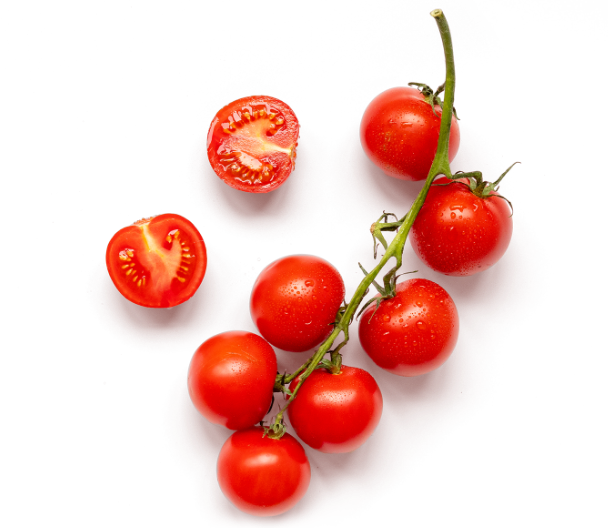 Cherry tomatoes on the stem and sliced.